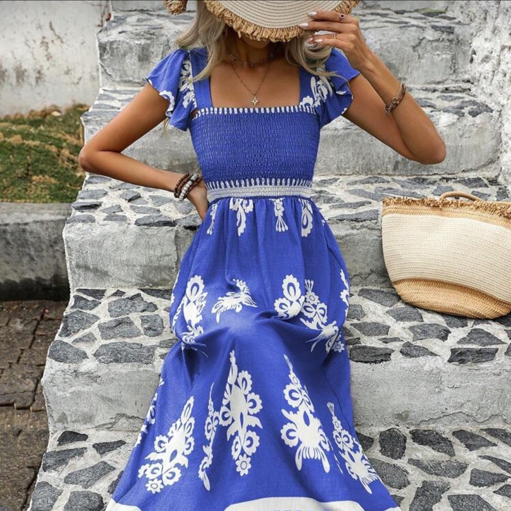 SHEIN Blue and Cream Floral Maxi Dress